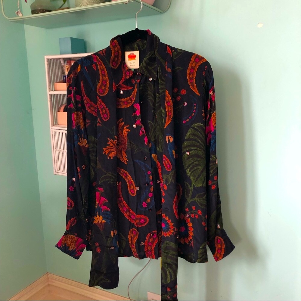 FARM Rio Silk Paisley Parrot Mirrored Blouse with Scarf XS Small Medium
